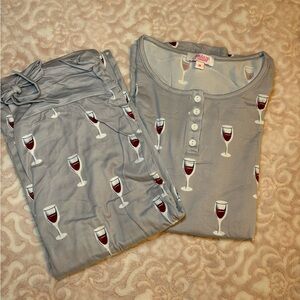Gray Wine Glass Print Pajama Set New Medium